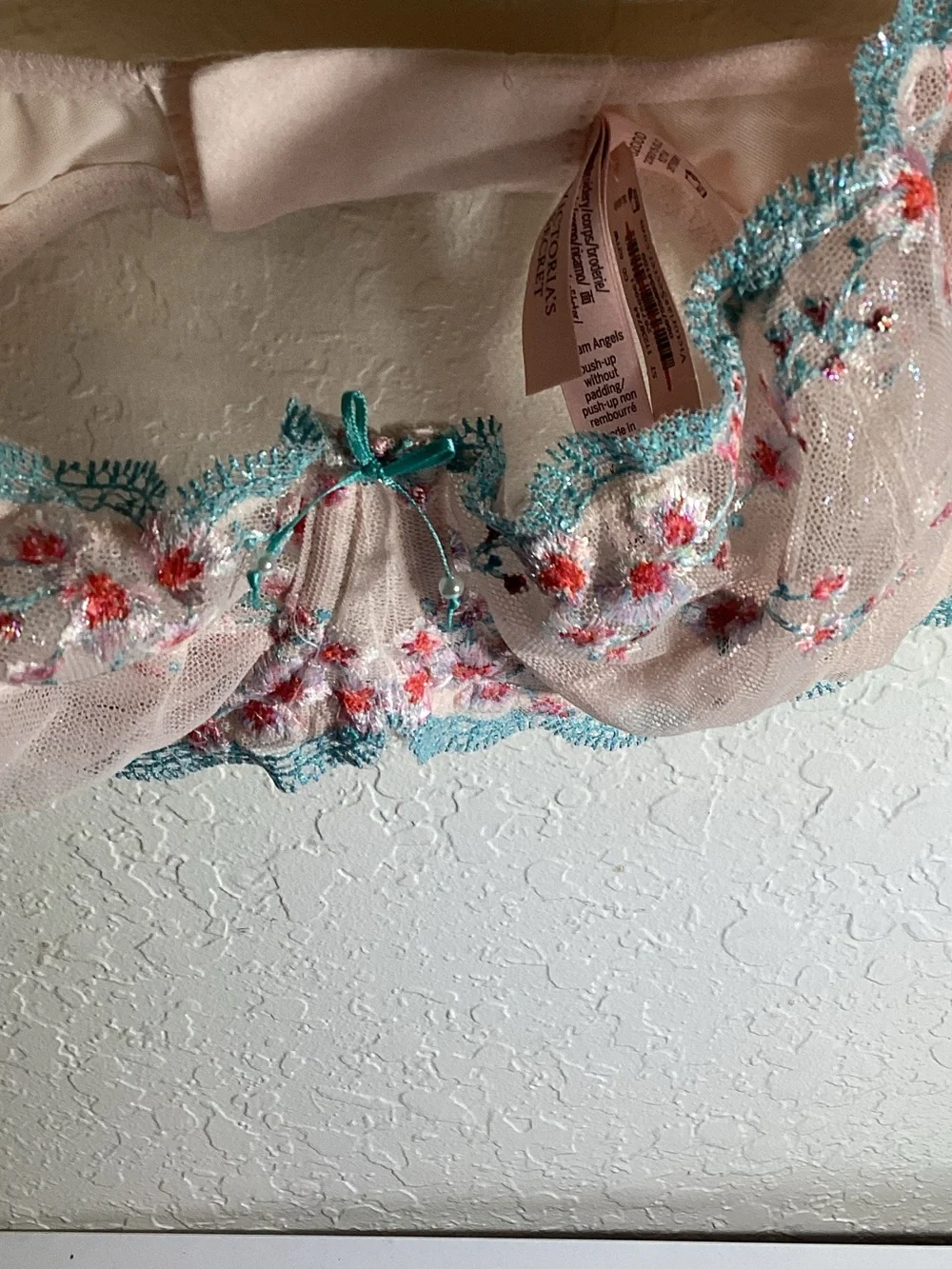Sheer Pink Embroidered Balconette Bra with Turquoise Trim